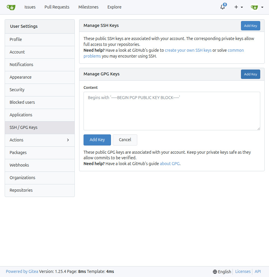 Gitea Add GPG Key form