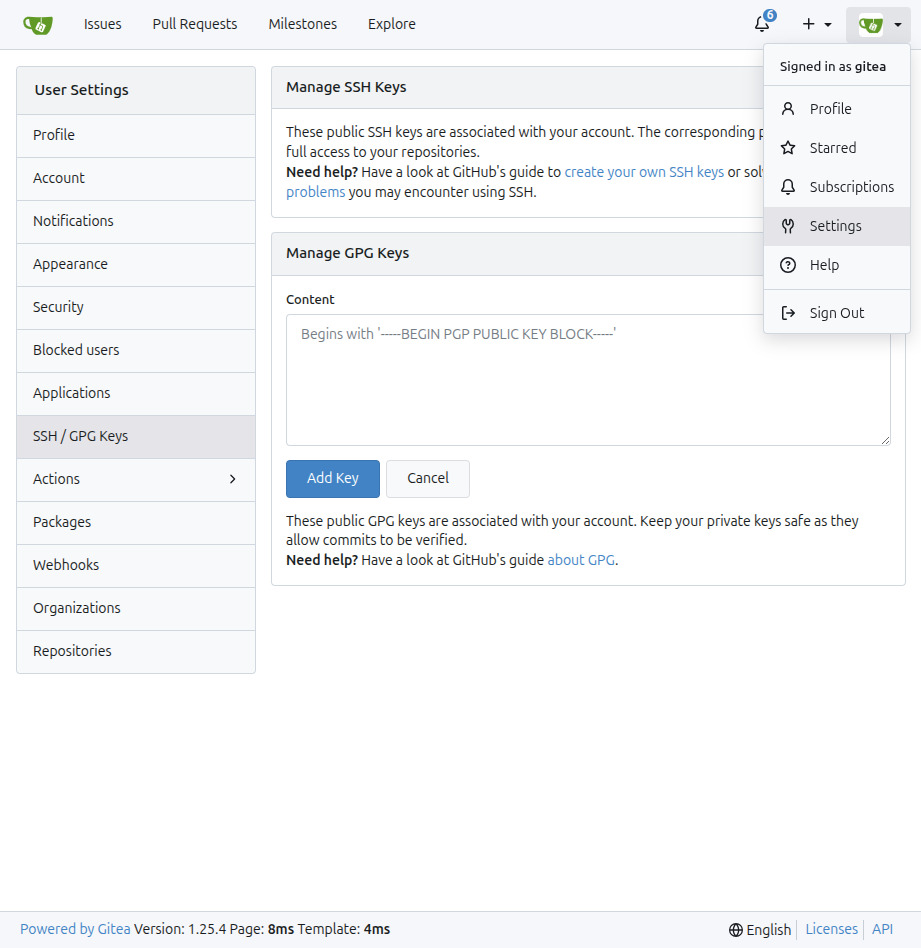 Gitea profile dropdown showing Settings option