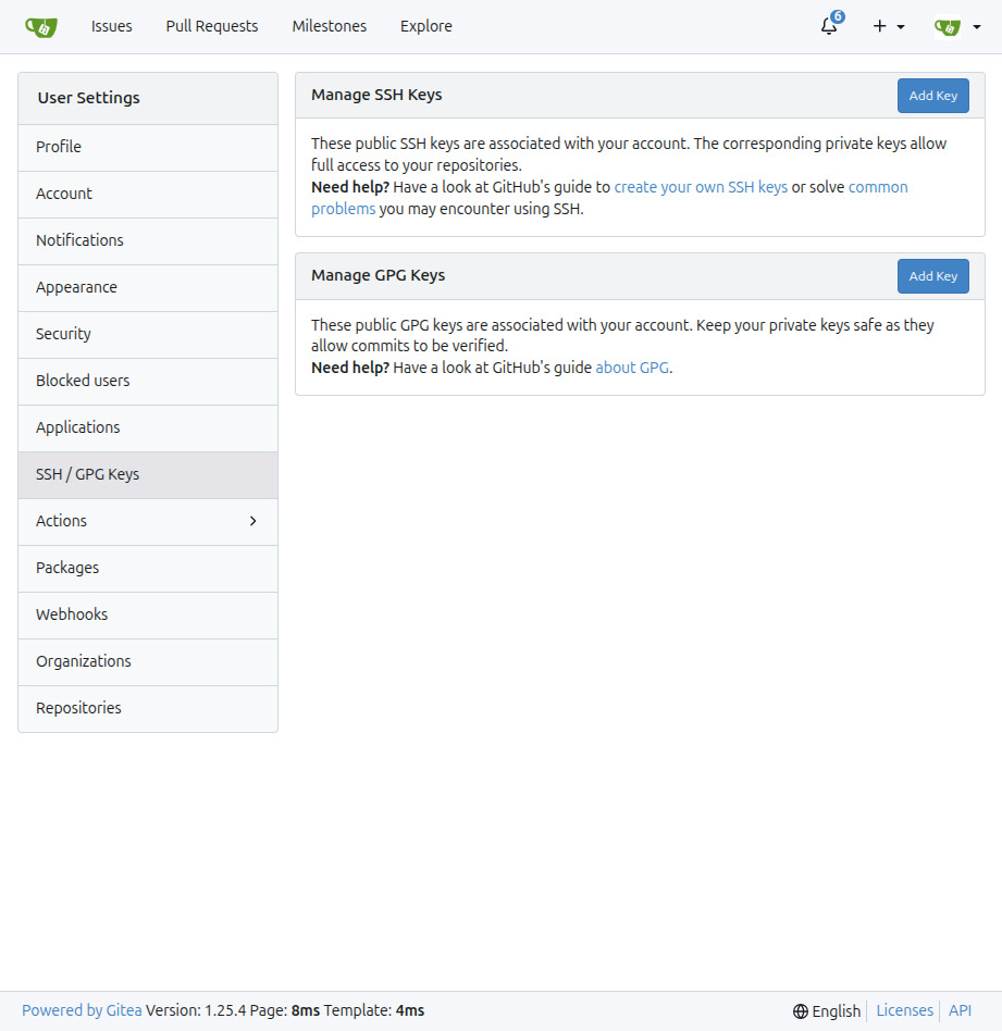Gitea SSH/GPG Keys settings page